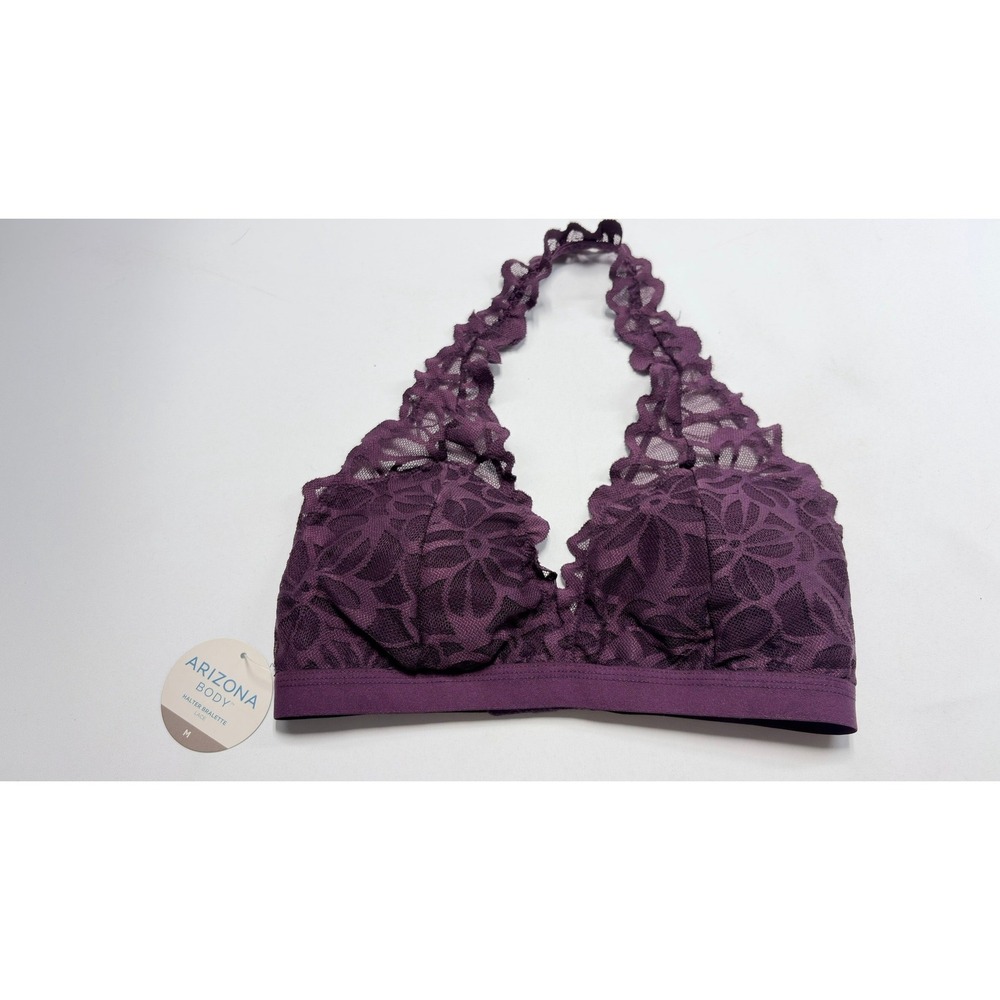 Arizona Body Lace Halter Bralette Medium Purple Floral Scalloped Boho Intimates